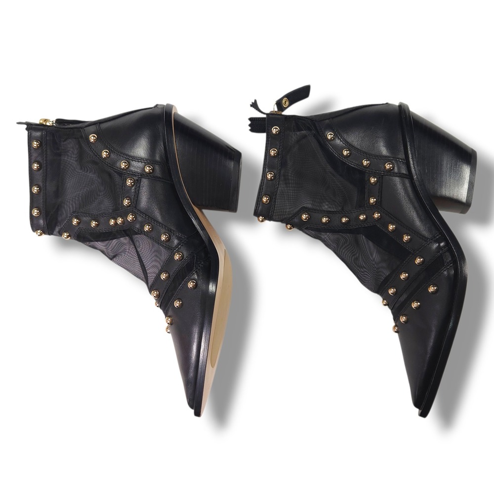 AGL Studded Mesh Ankle Boots Pointed Toe Block Heel Black Leather Bootie 37 6.5 - Picture 4 of 11